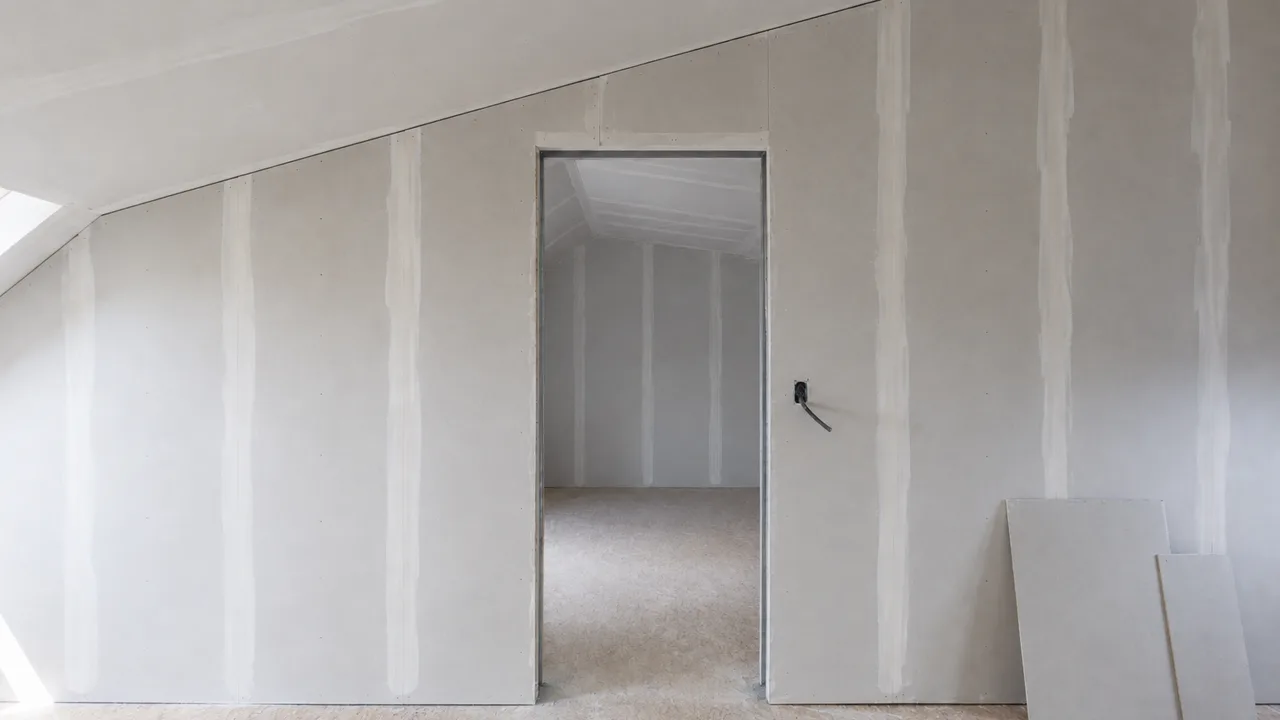 Cloison de séparation montée dans un comble aménagé, coupée en biais sous le rampant, avec son ouverture de porte et ses bandes de joint non poncées