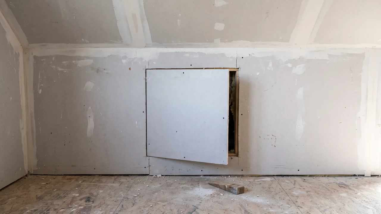 Jouée plaquée fermant le bas d'un rampant de comble aménagé, avec une trappe de rangement carrée ouverte sur l'isolant et le volume perdu