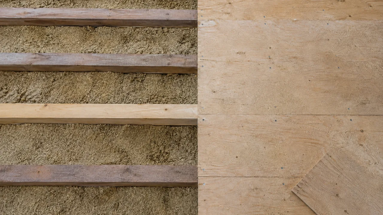 Plancher de comble vu du dessus : à gauche l'isolant en vrac remplit l'espace entre les solives sans les dépasser, à droite des panneaux de bois vissés directement sur ces mêmes solives referment le plancher