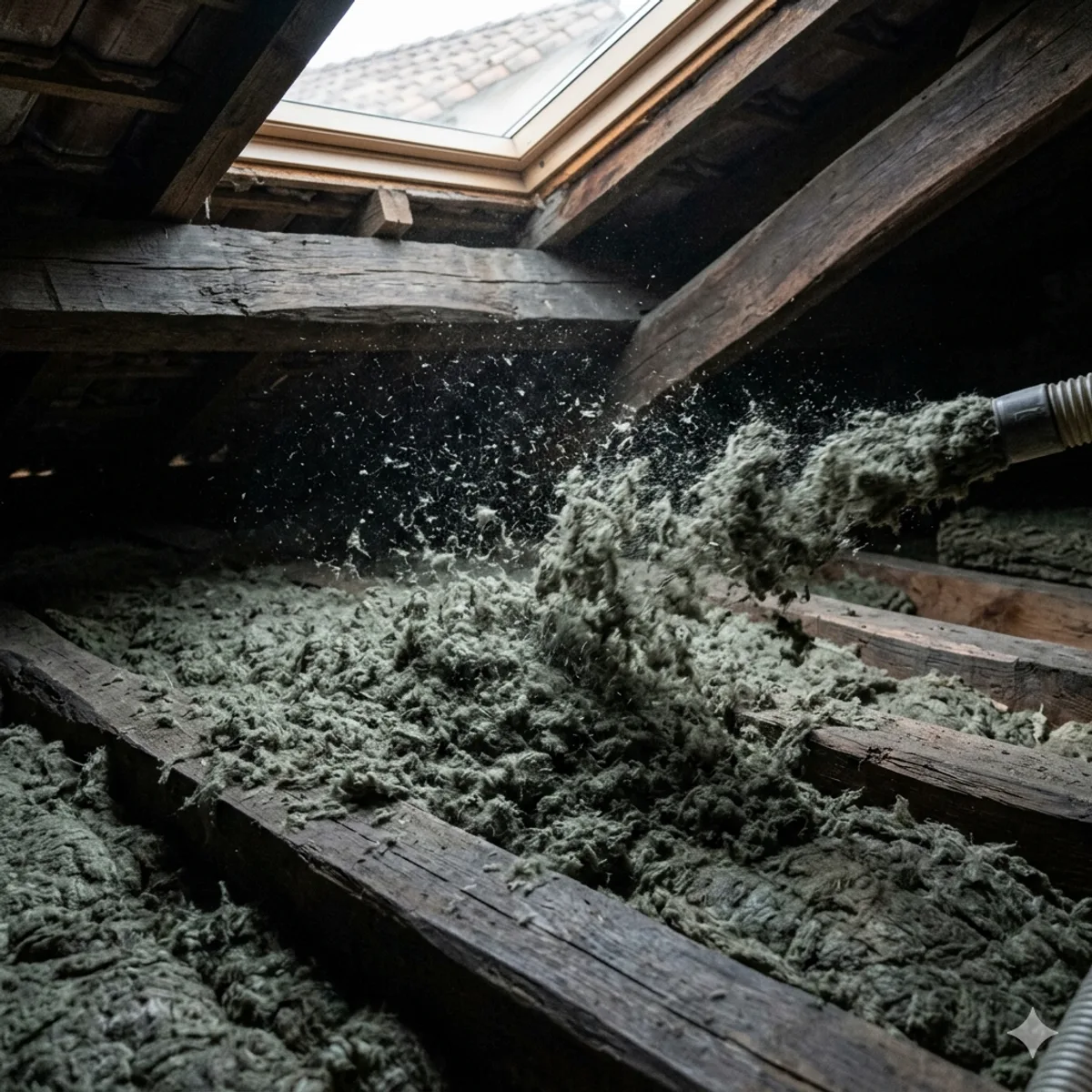 Soufflage de laine de roche grise dans des combles perdus, vue rapprochée des fibres entre poutres bois sous un velux