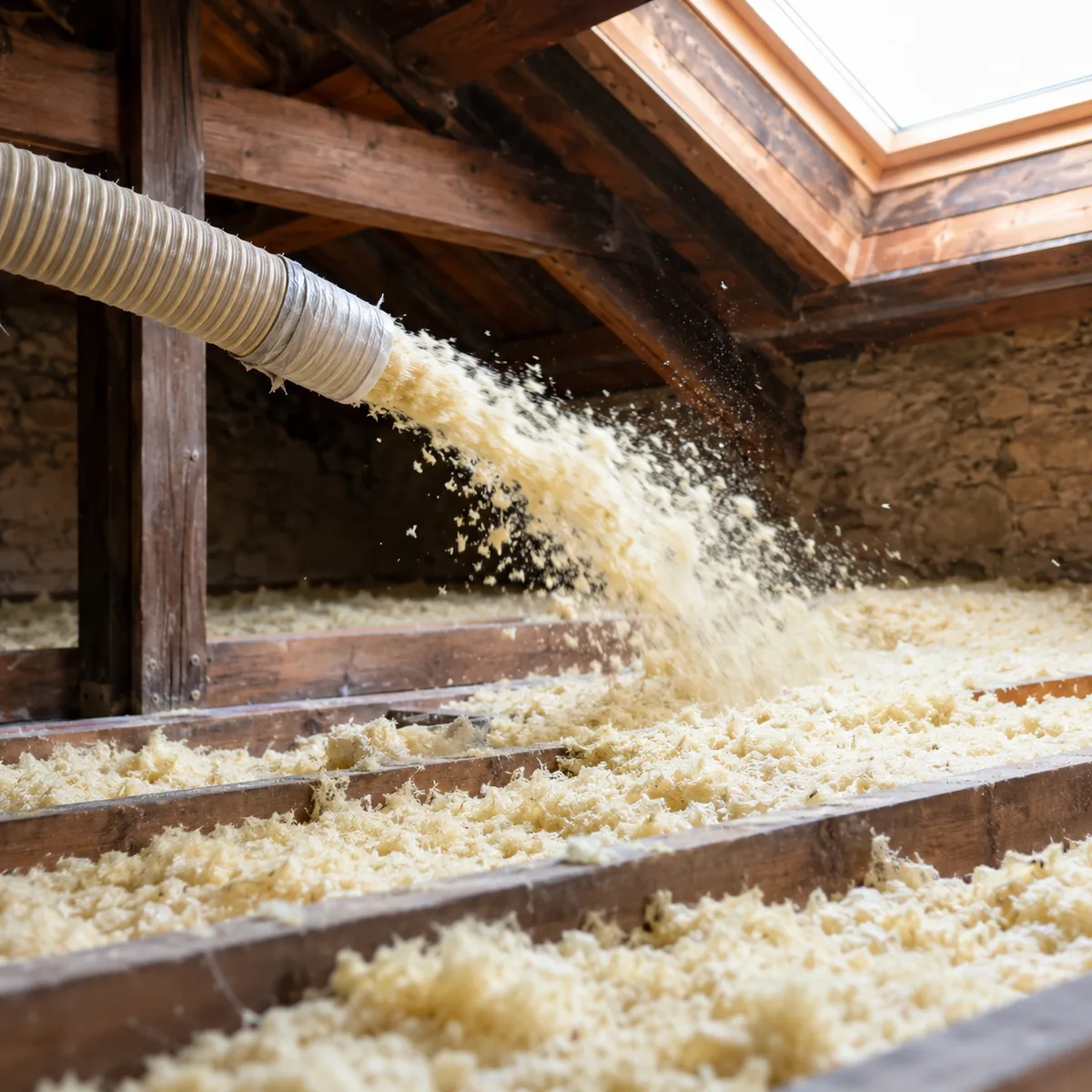 Soufflage de laine de verre jaune dans des combles perdus, vue rapprochée des fibres entre poutres bois sous un velux