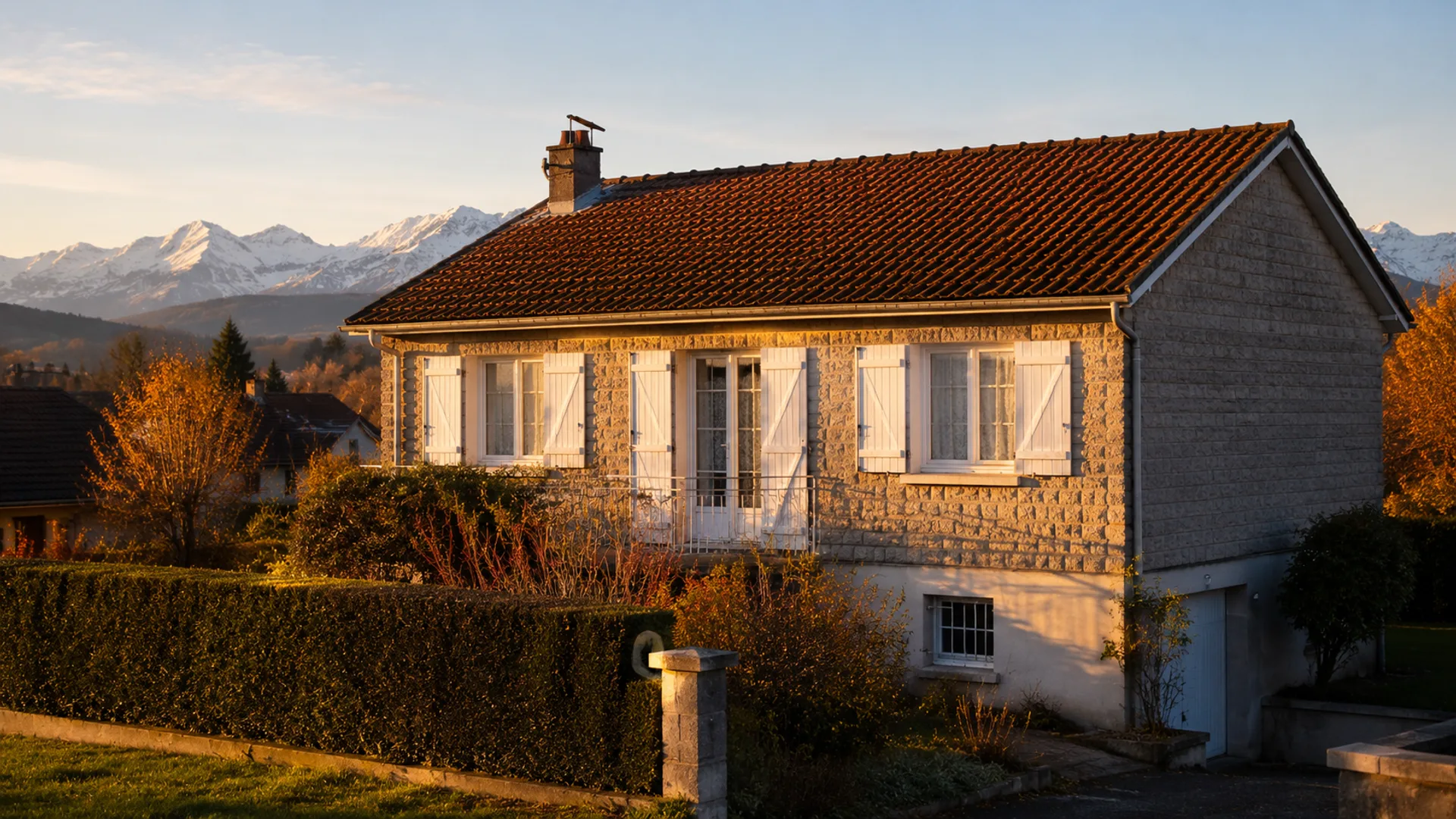Maison paloise typique des années 70 avec toit en tuiles terracotta et volets blancs, Pyrénées enneigées visibles à l'arrière-plan
