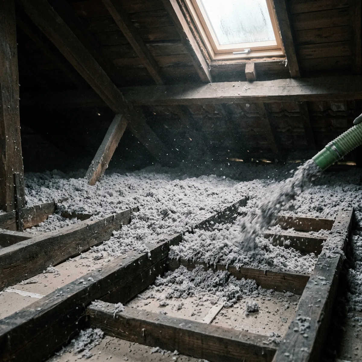 Soufflage d'ouate de cellulose grise dans des combles perdus, vue rapprochée des fibres recyclées entre poutres bois sous un velux