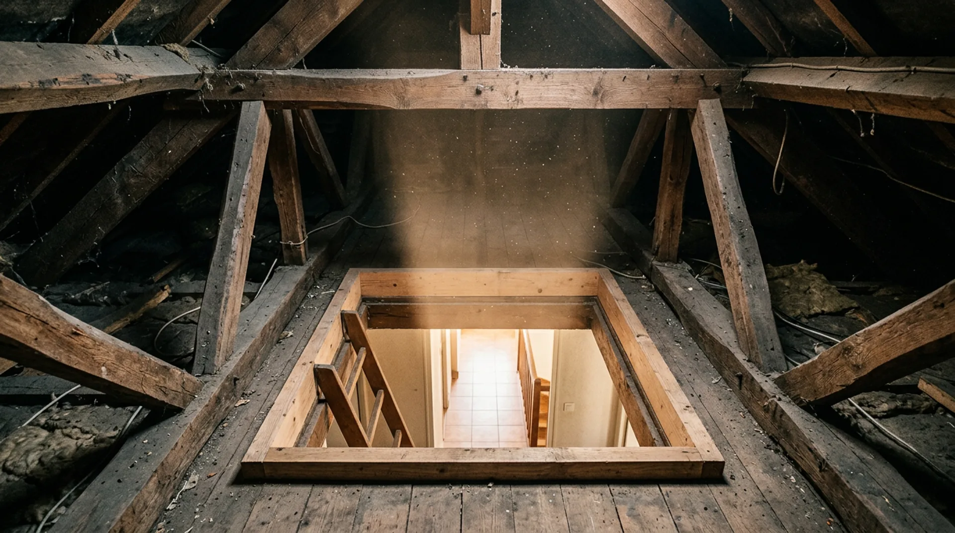 Trappe d'accès aux combles vue depuis l'intérieur du grenier, faisceau de lumière naturelle traversant la charpente fermette en bois
