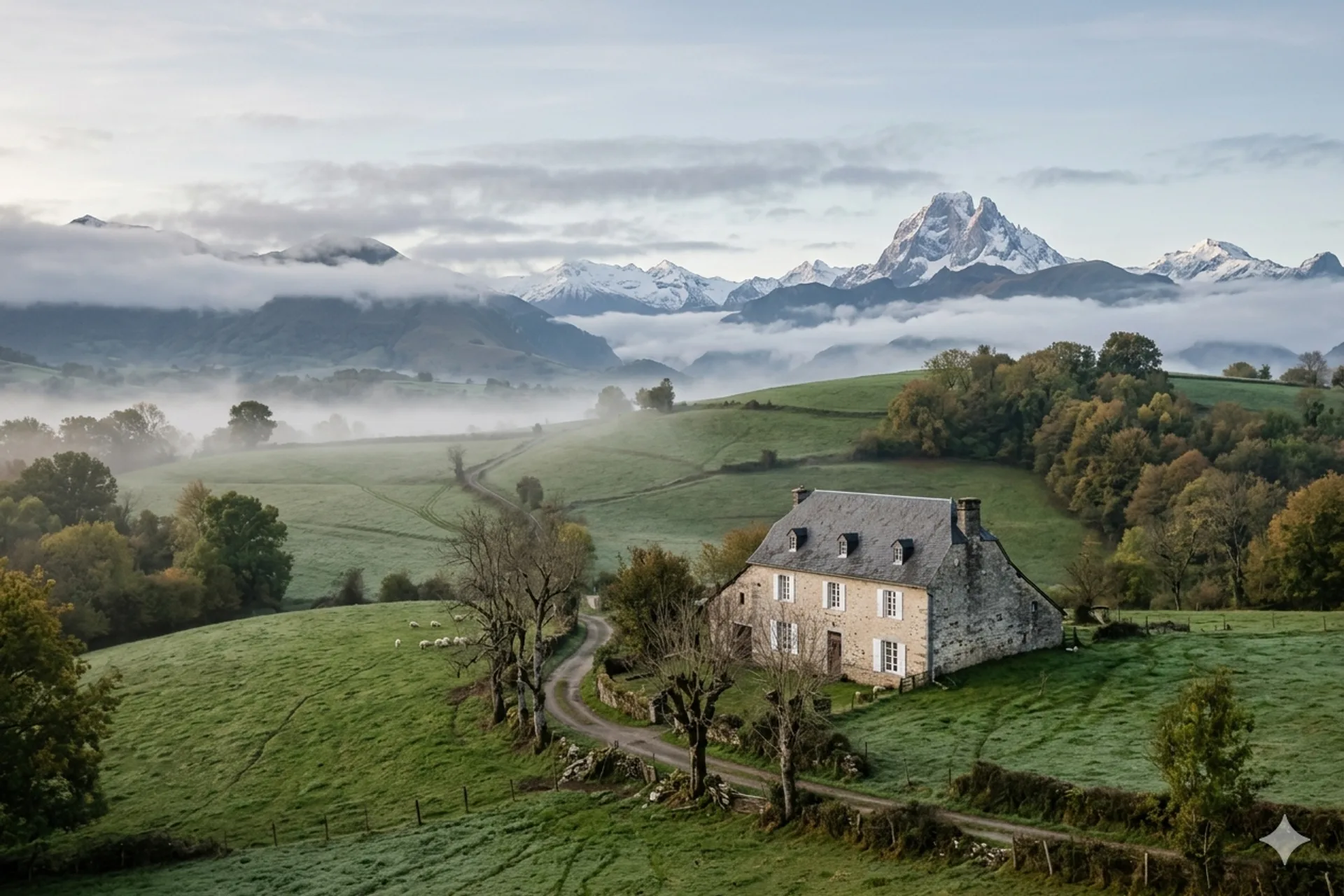 Maison béarnaise traditionnelle face aux Pyrénées enneigées, climat humide du Béarn et choix de l'isolant