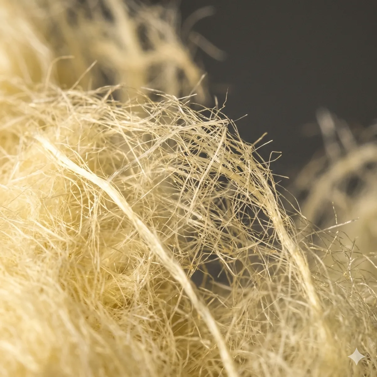 Laine de verre soufflée en macro, fibres jaunes translucides : isolation combles à Pau par Isorenov RGE