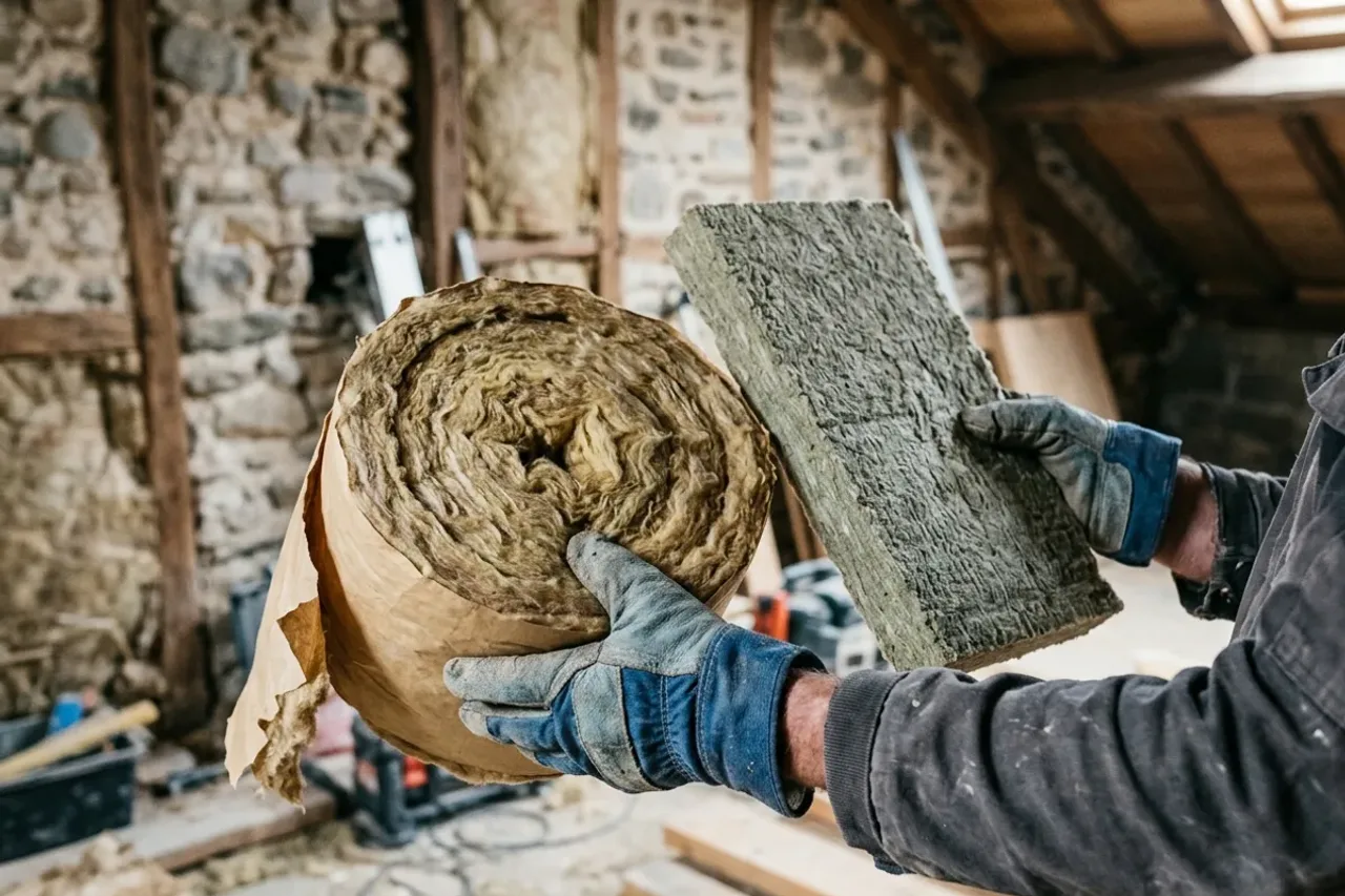 Rouleau de laine de verre entamé vu par la tranche à côté d'un panneau de laine de roche, dans un comble d'une maison ancienne du Béarn : deux isolants de même épaisseur mais de lambda différents