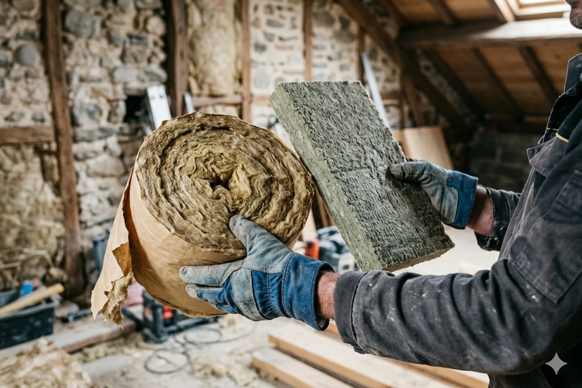 Artisan Isorenov comparant un rouleau de laine de verre et un panneau de laine de roche sur un chantier à Pau (64)