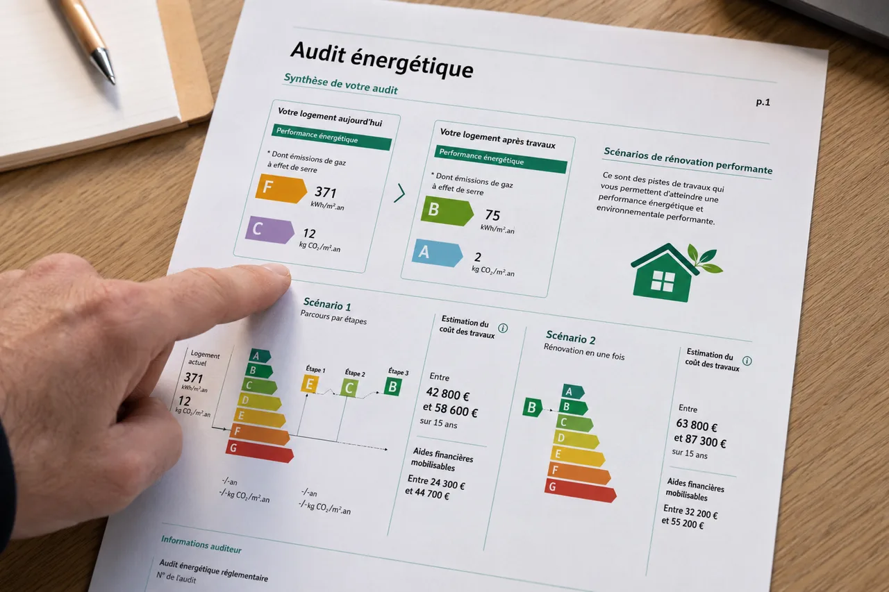 Rapport d'audit énergétique réglementaire imprimé avec graphiques DPE avant après, scénarios de rénovation et chiffrage des aides