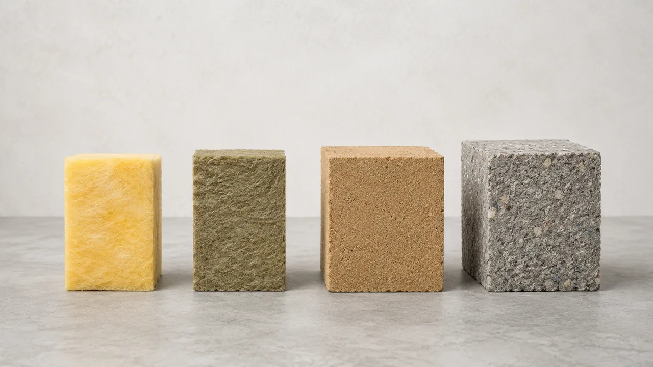 Échantillons de laine de verre, laine de roche, fibre de bois et ouate de cellulose alignés pour comparer leur épaisseur à résistance thermique R égale