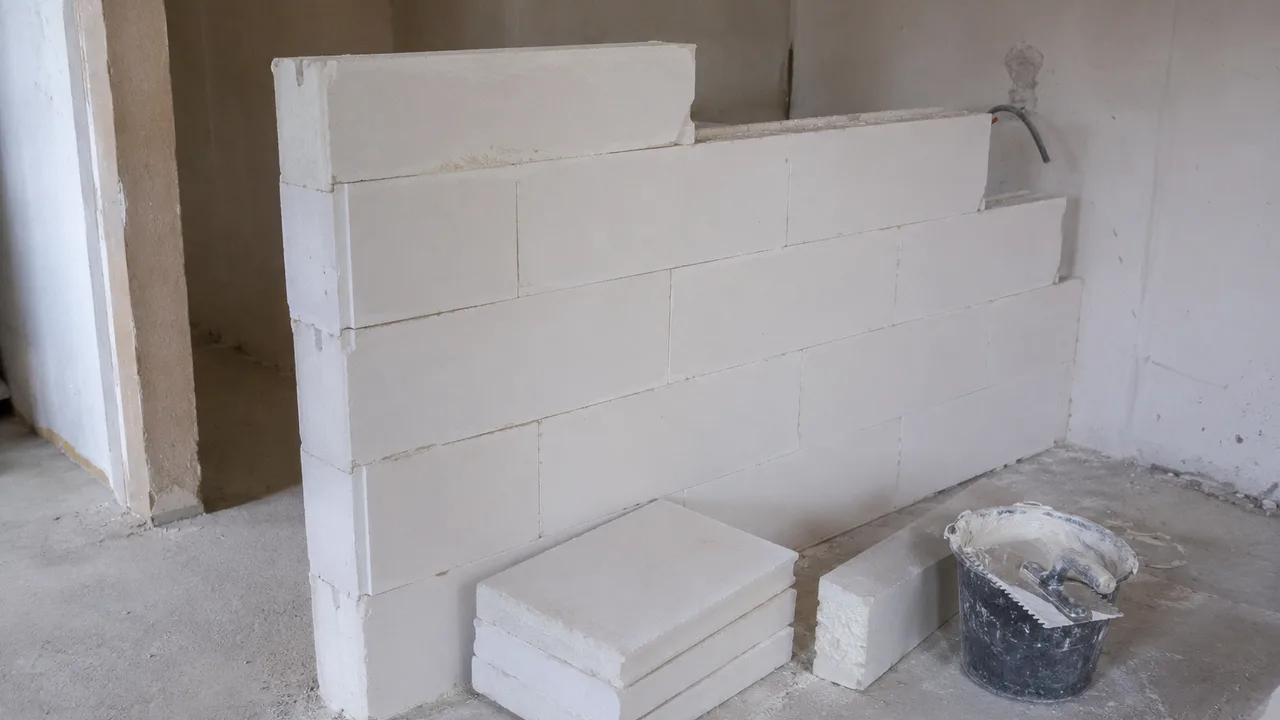 Cloison de séparation maçonnée en carreaux de plâtre pleins, montée en assises horizontales à joints décalés d'une rangée à l'autre, sans ossature métallique ni vis, avec des blocs entiers empilés au sol et un bloc coupé montrant sa tranche pleine