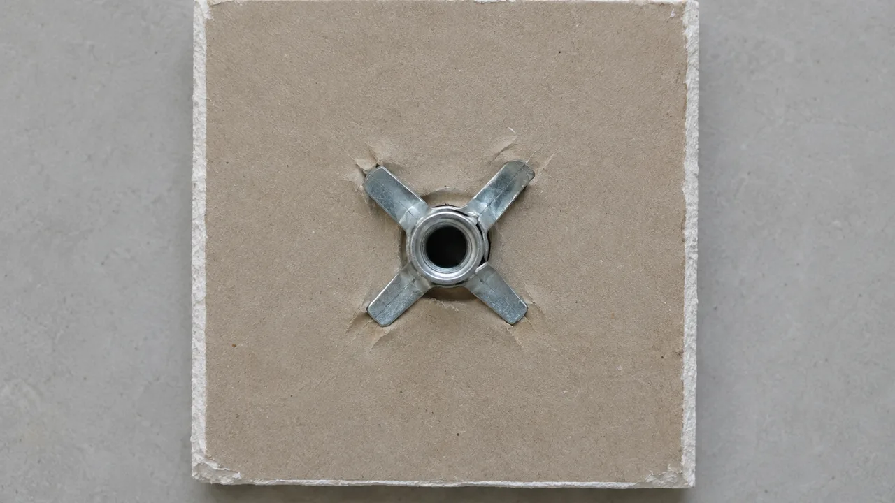 Envers d'une chute de plaque de plâtre traversée par une cheville métallique à expansion dont la jupe est entièrement déployée en quatre branches repliées à plat contre le carton, qu'elles soulèvent en quatre lèvres