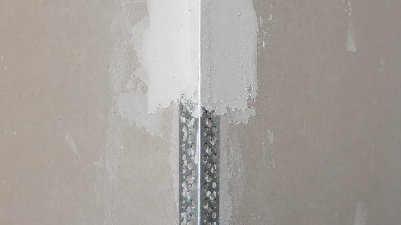 Cornière d'angle métallique perforée posée sur l'arête saillante verticale d'une cloison en plaques de plâtre, nue et visible en partie basse, recouverte d'enduit blanc lissé en partie haute