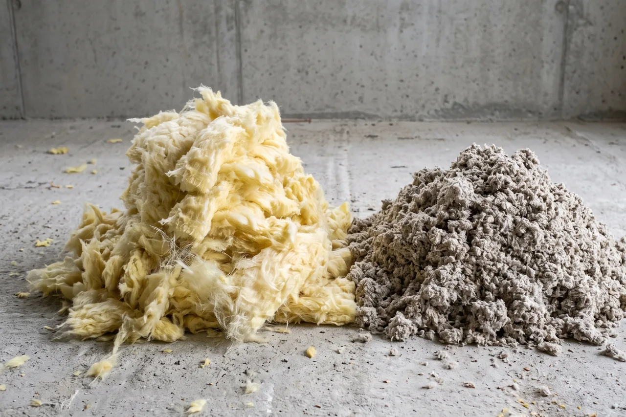 Deux tas d'isolant en vrac de volume égal posés côte à côte sur un sol béton : laine de verre jaune pâle à gauche, ouate de cellulose grise et nettement plus dense à droite