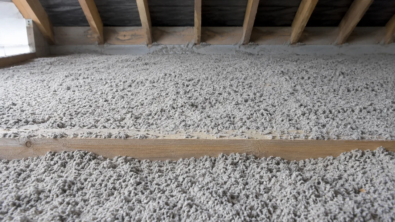 Comble perdu vu au niveau de l'isolant après soufflage : la couche de flocons recouvre le plancher d'un bord à l'autre et noie la pièce de bois du premier plan, dont seul le dessus affleure encore
