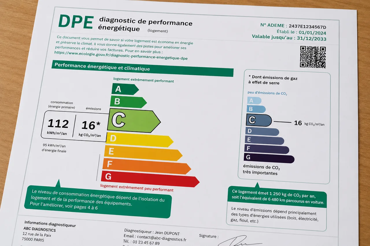 Étiquette DPE avec l'échelle des classes énergie de A à G, du vert au rouge