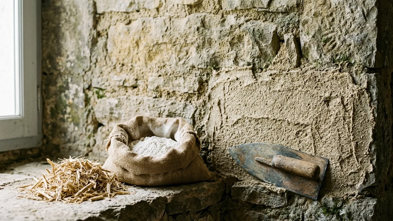 Chaux et chènevotte de chanvre sur un mur ancien en pierre du Béarn, section d'enduit chaux-chanvre