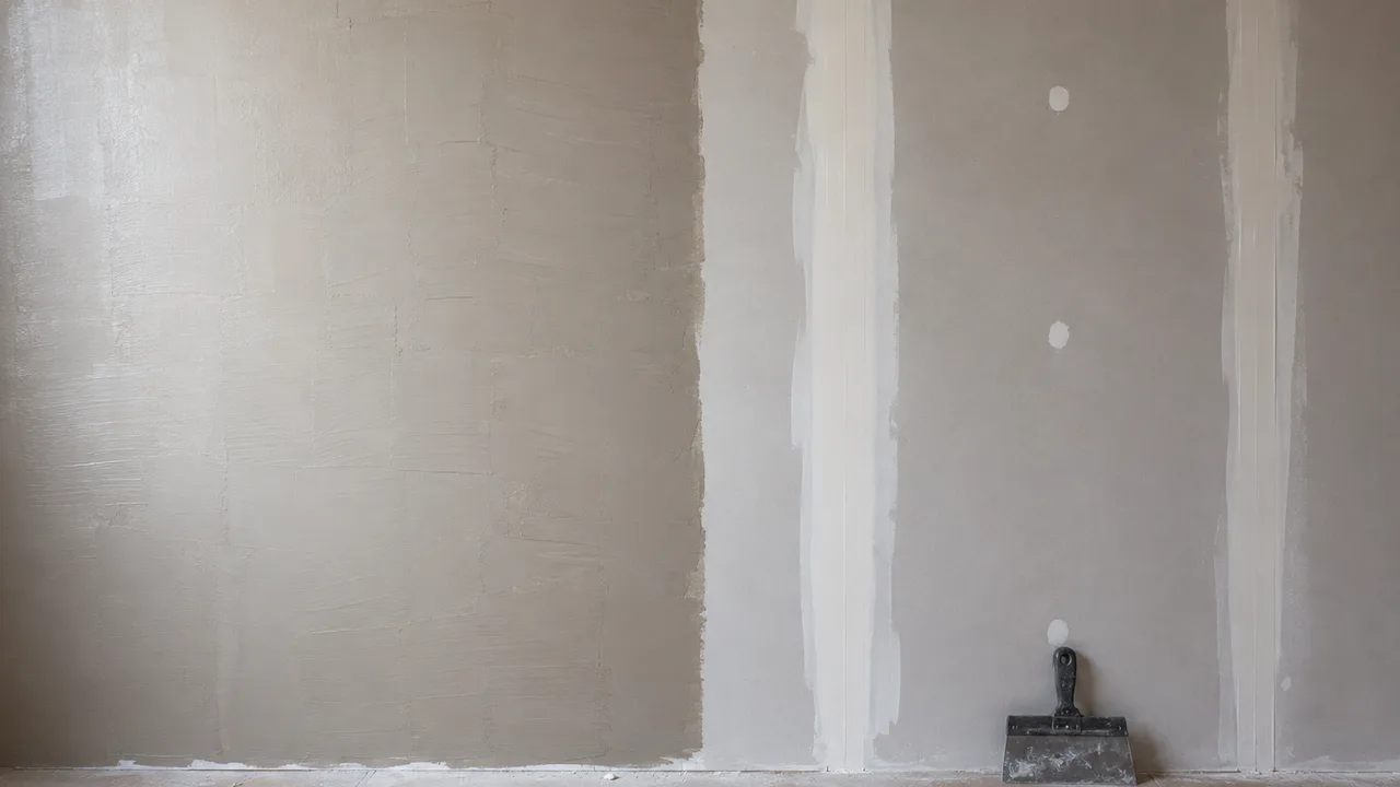 Mur de plaques de plâtre en cours de lissage : la moitié gauche est ratissée pleine surface, la moitié droite montre encore les bandes de joint et les têtes de vis sur la plaque nue