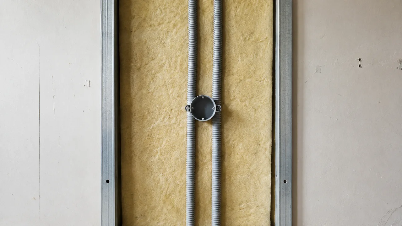 Boîte de dérivation électrique ronde et ses deux gaines annelées plaquées contre la laine entre deux montants métalliques, sur le point d'être enfermée derrière le parement