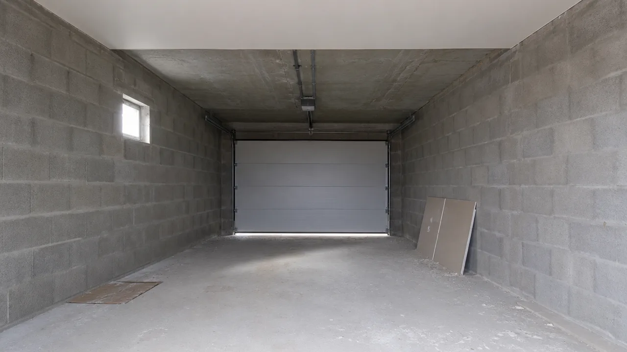 Garage vu en enfilade vers sa porte sectionnelle fermée : le plafond neuf en plaques de plâtre s'arrête sur une arête franche et laisse la dalle de béton brute nue au-dessus des rails et du moteur de la porte