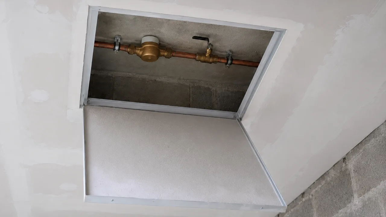 Trappe de visite carrée ouverte dans un plafond de garage en plaques de plâtre, son panneau pendant en oblique, laissant voir un compteur d'eau en laiton et sa vanne d'arrêt fixés sous la dalle de béton brute