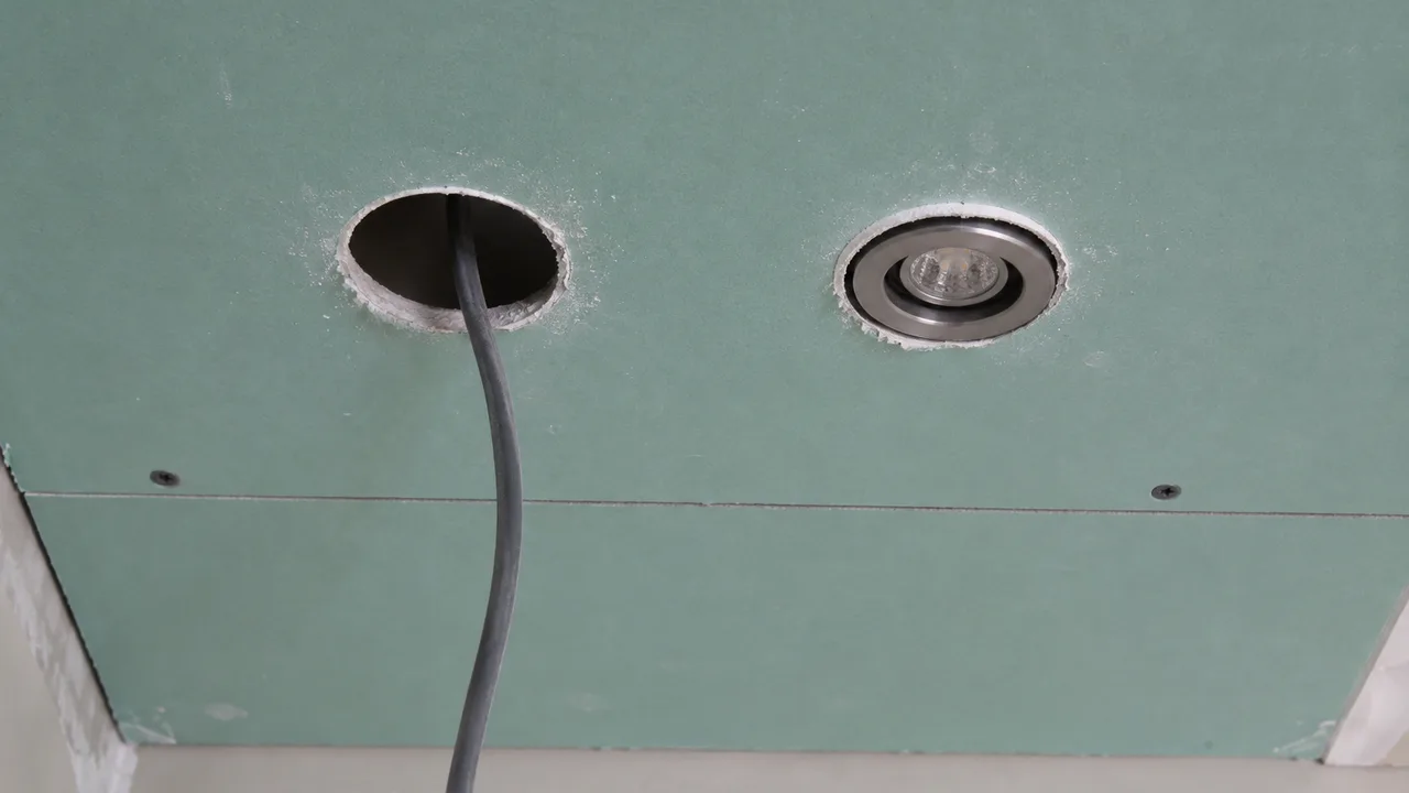 Deux percements de scie-cloche dans un plafond de salle de bain en plaque de plâtre hydrofuge verte : celui de gauche est ouvert sur le plénum et un câble électrique gris en sort vers l'objectif, celui de droite reçoit un spot encastré éteint