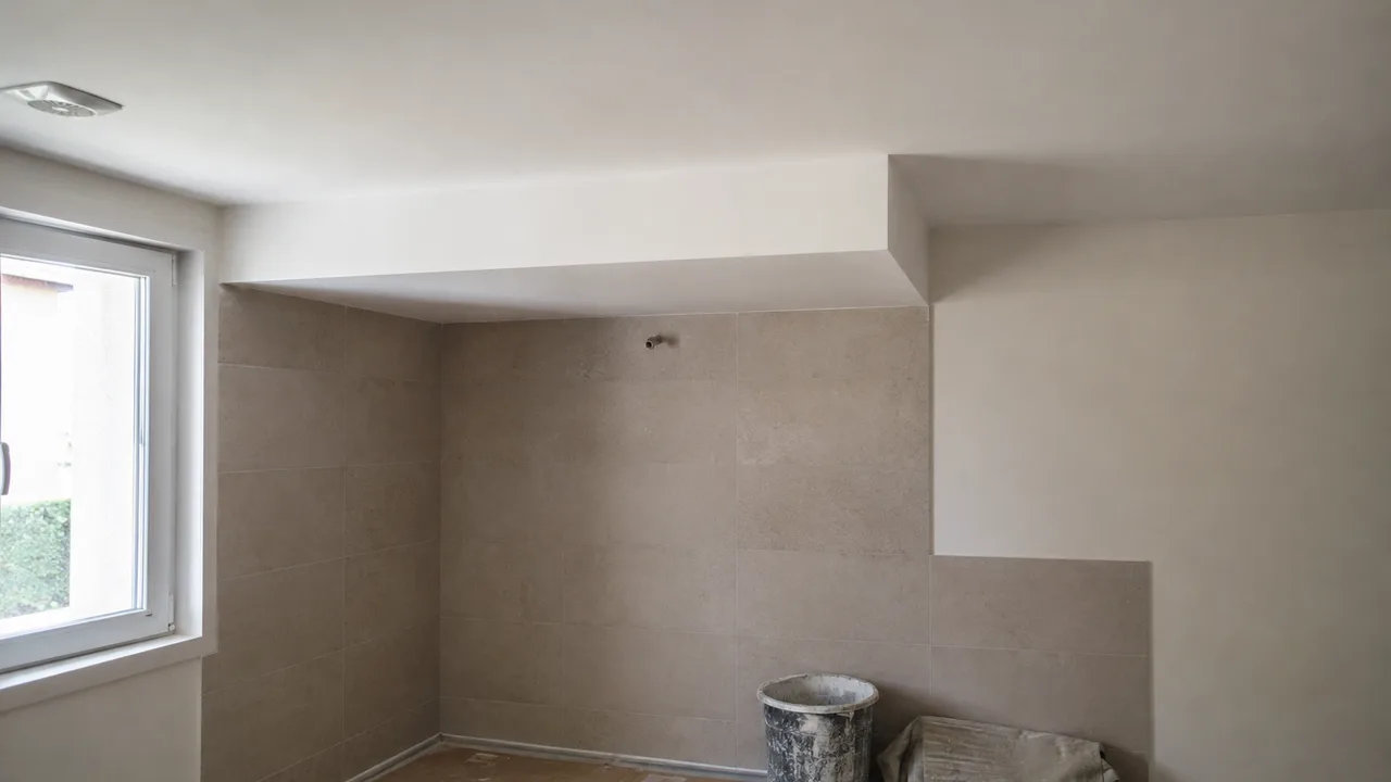 Pièce en fin de chantier dont le plafond descend d'une marche au-dessus d'une seule zone et garde sa hauteur d'origine sur tout le reste, l'arête de la retombée marquée par son ombre portée