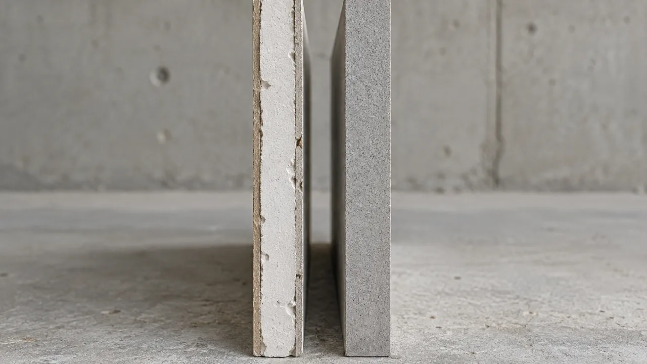 Tranches de deux plaques de doublage posées côte à côte sur un chantier à Pau : à gauche le feuilleté carton, plâtre, carton d'une plaque à faces cartonnées, à droite la masse grise homogène d'une plaque de fibres-gypse