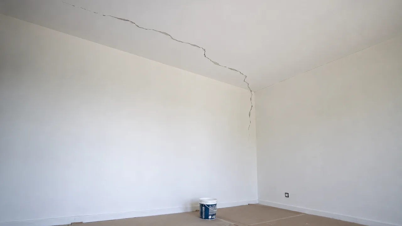 Pièce vide en travaux dont la fissure irrégulière traverse le plafond sans suivre de joint, puis se prolonge sur toute la hauteur de l'angle du mur