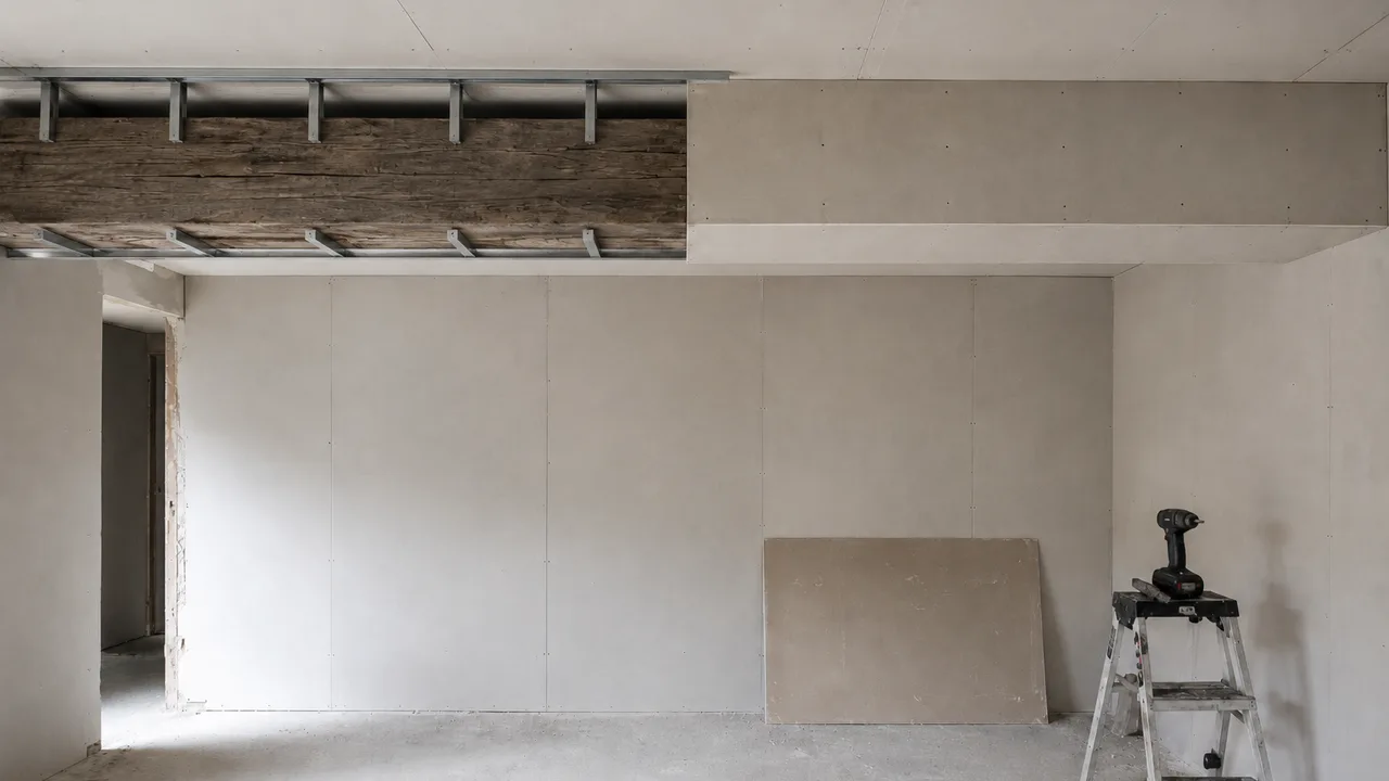 Poutre horizontale traversant le plafond d'une pièce vide en rénovation, habillée à moitié : à droite un coffrage en plaques de plâtre ferme le bois sur trois faces, à gauche le vieux bois reste nu sous une ossature métallique vissée au plafond qui ne le touche pas