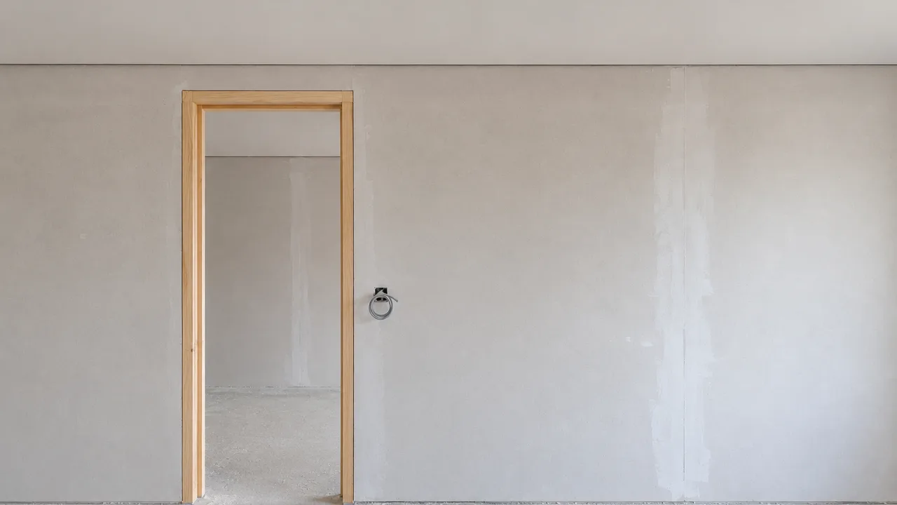 Cloison en rénovation percée d'une ouverture de porte au bâti bois brut : le plafond neuf arrive juste au-dessus du linteau et ne laisse qu'une bande de mur étroite entre les deux