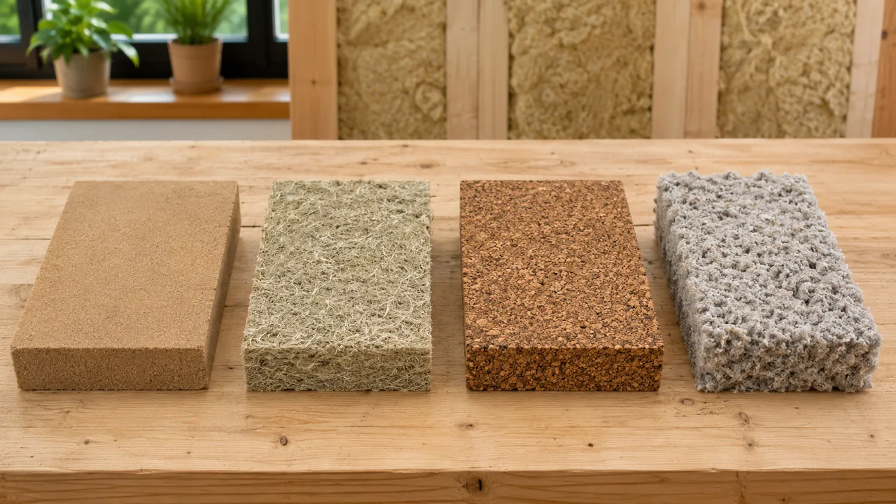 Échantillons d'isolants biosourcés (laine de bois, fibre, liège, chanvre) côte à côte sur un établi