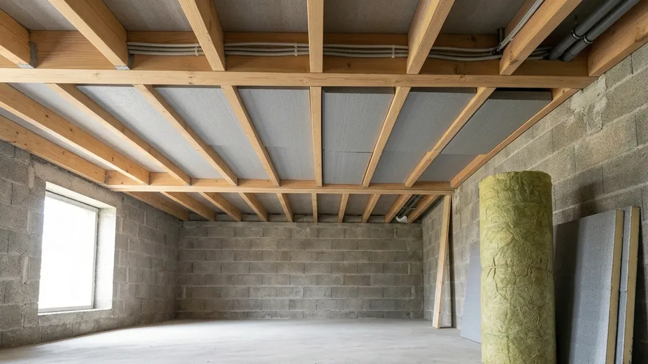 Garage ou sous-sol vide en rénovation, panneaux isolants posés au plafond entre solives, laine et panneaux isolants contre un mur en parpaing, sol béton