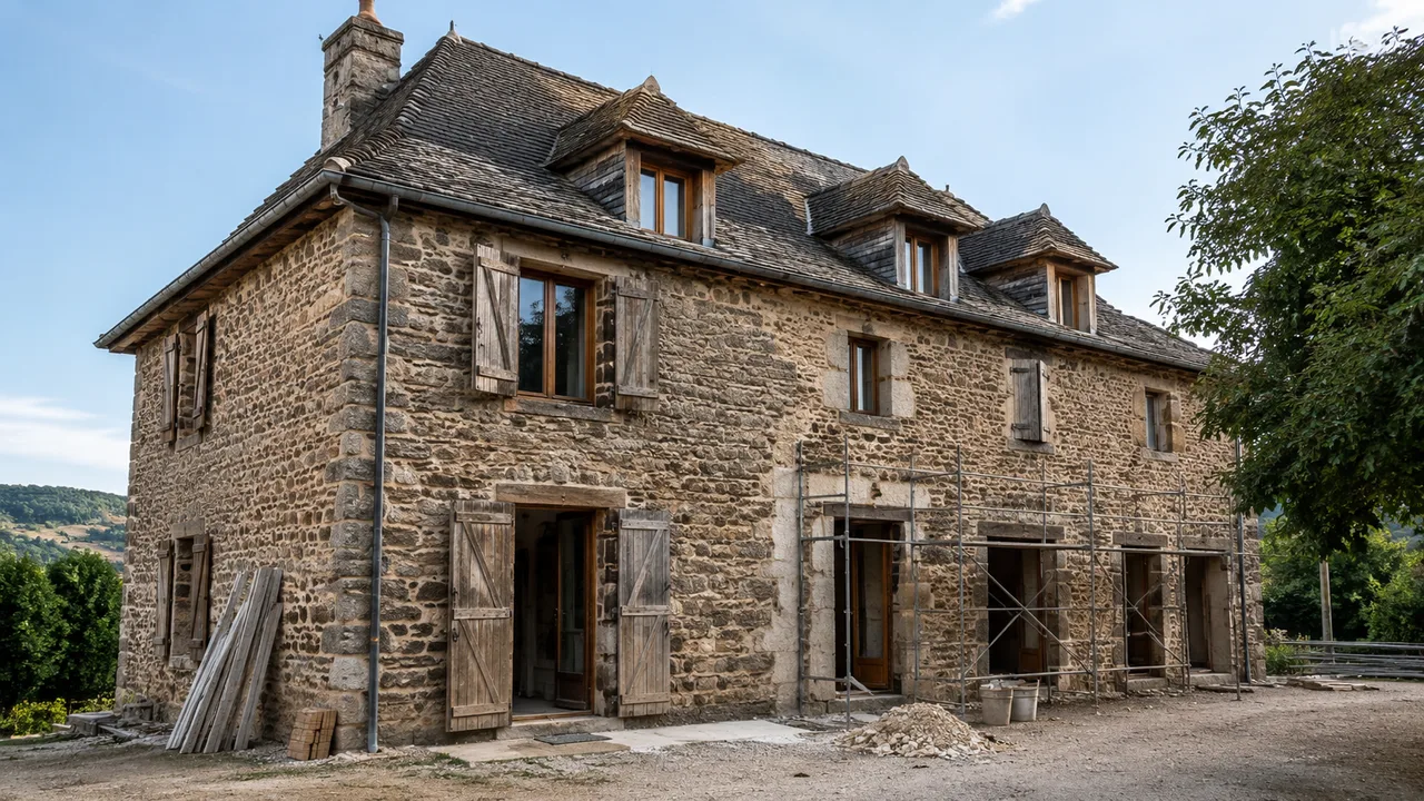 Façade en pierre naturelle d'une maison ancienne béarnaise en cours de rénovation à Pau