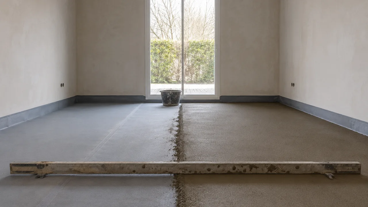 Sous-couche acoustique résiliente déroulée sur la dalle d'un appartement et remontée le long des murs, avec le mortier de chape tiré à la règle sur la moitié droite de la pièce