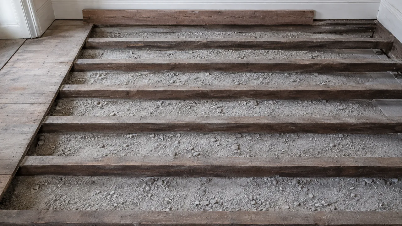 Solives massives anciennes mises à nu dans un plancher bois : le fil du bois et les fentes de retrait longitudinales sont nettement lisibles sur chaque pièce, avec le remplissage gris tassé entre elles