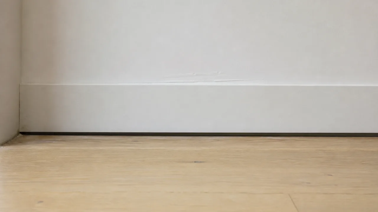 Pied de mur d'un appartement fini où la plinthe est fixée au mur seul et s'arrête juste au-dessus du parquet, une ligne d'ombre continue courant sous elle sur toute sa longueur