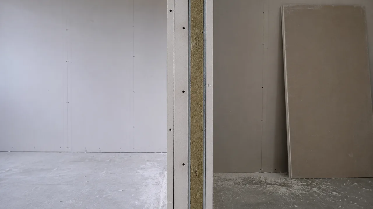 Champ d'une cloison de distribution en cours de fermeture : les deux épaisseurs de plaque de plâtre sont visibles sur la tranche, avec la laine minérale serrée entre les montants métalliques