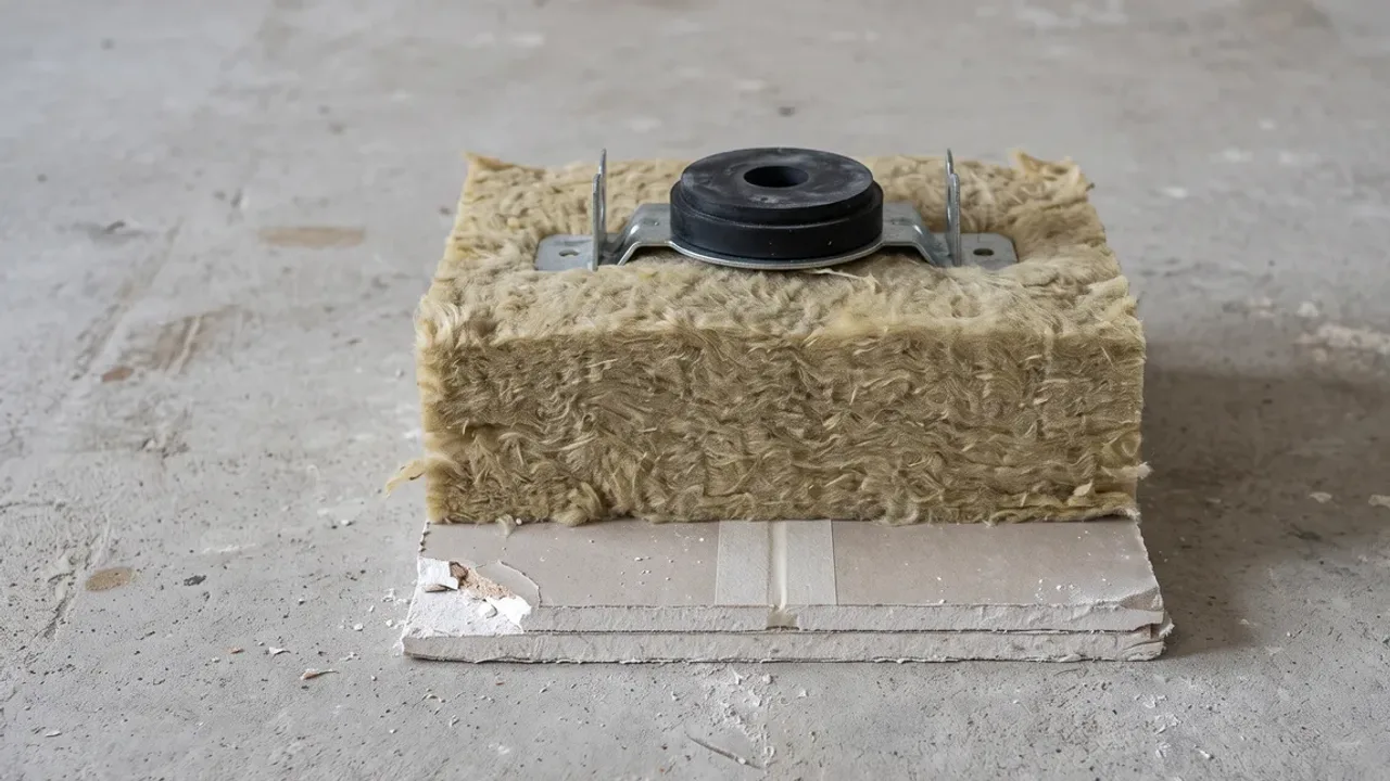 Coupe d'un plafond acoustique posée sur un sol béton : deux plaques de plâtre superposées, laine minérale et suspente antivibratile avec sa pastille élastomère noire