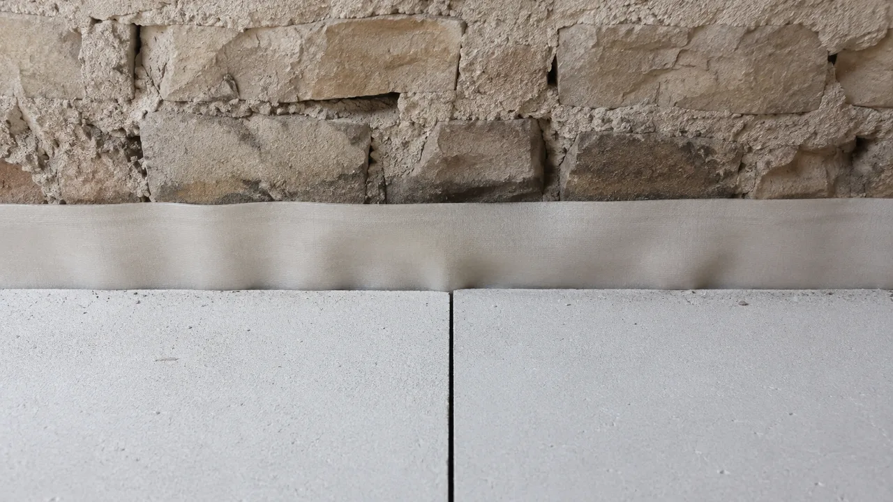 Pied d'un mur en pierre brute où une bande souple claire est remontée verticalement, contre laquelle deux panneaux isolants viennent buter au sol sans la comprimer