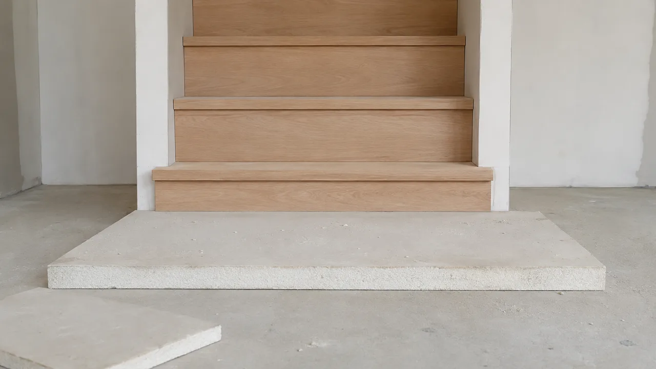 Départ d'escalier en bois clair dont la première contremarche est nettement plus basse que les suivantes, parce qu'un panneau isolant posé au sol a surélevé le plancher devant elle