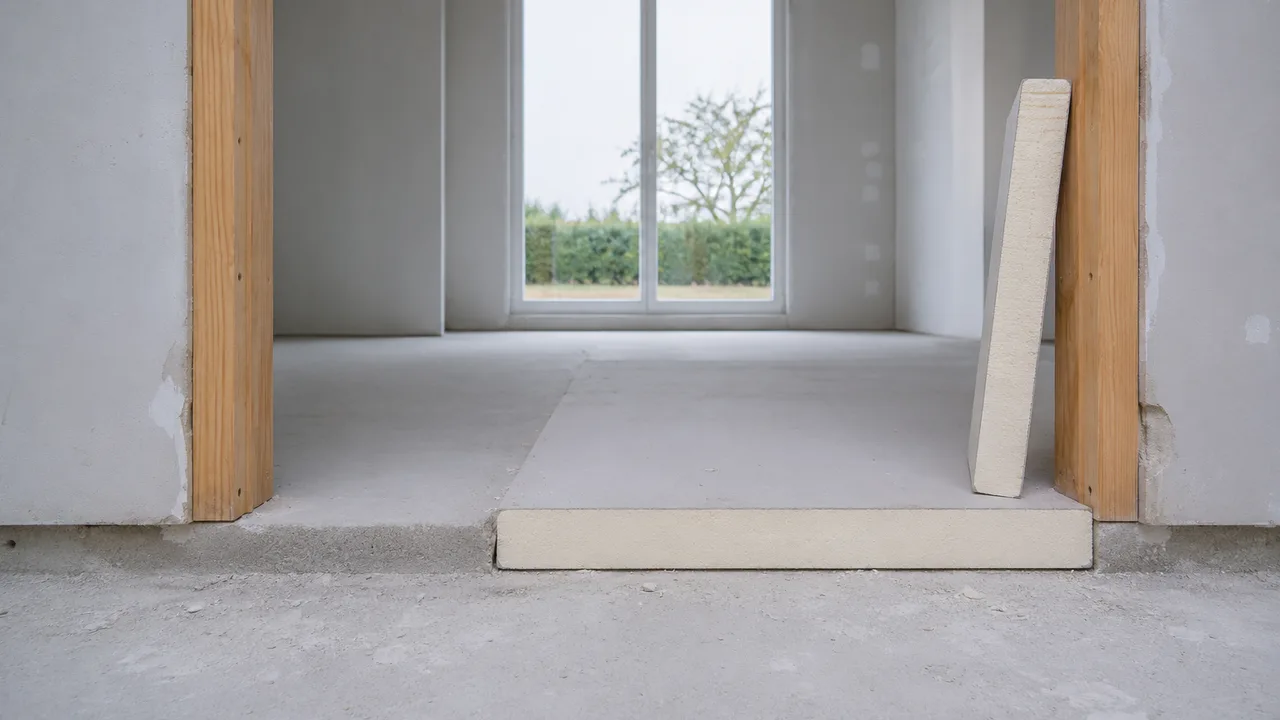 Seuil de porte intérieure en rénovation : la dalle nue au premier plan et, au-delà du seuil, un panneau isolant qui surélève le sol de la pièce d'une dizaine de centimètres
