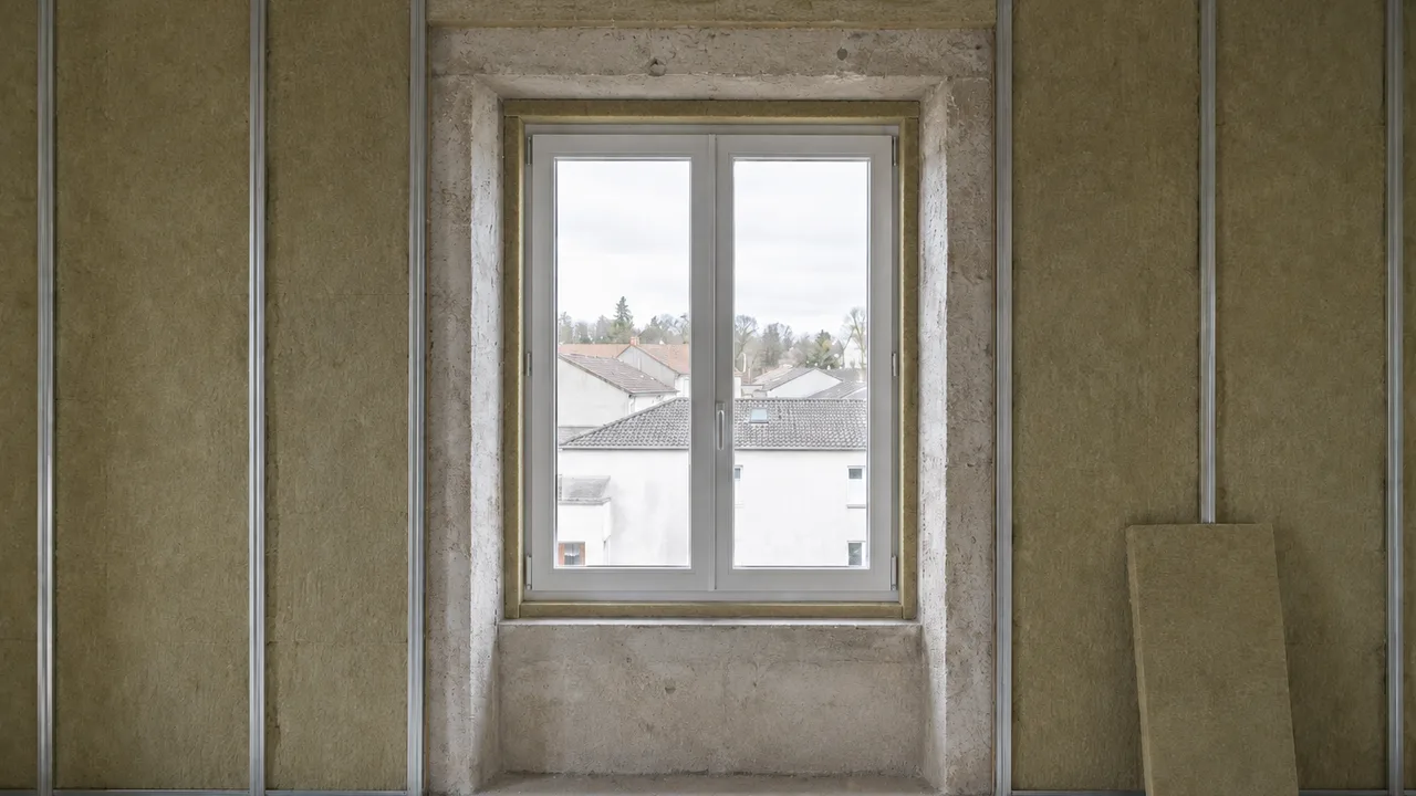 Ouverture de fenêtre vue de face dans une pièce en travaux, doublage isolant sur ossature métallique de part et d'autre et retour d'isolant dans le tableau