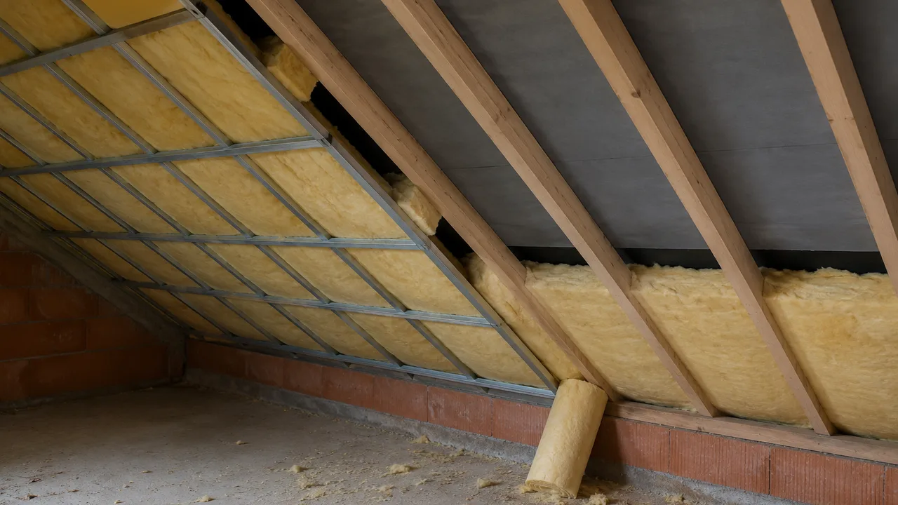 Rampant de comble en cours d'isolation dans une maison du Béarn : à droite la laine de verre glissée entre les chevrons de bois sous l'écran de sous-toiture, à gauche la seconde couche posée en travers sur une ossature métallique