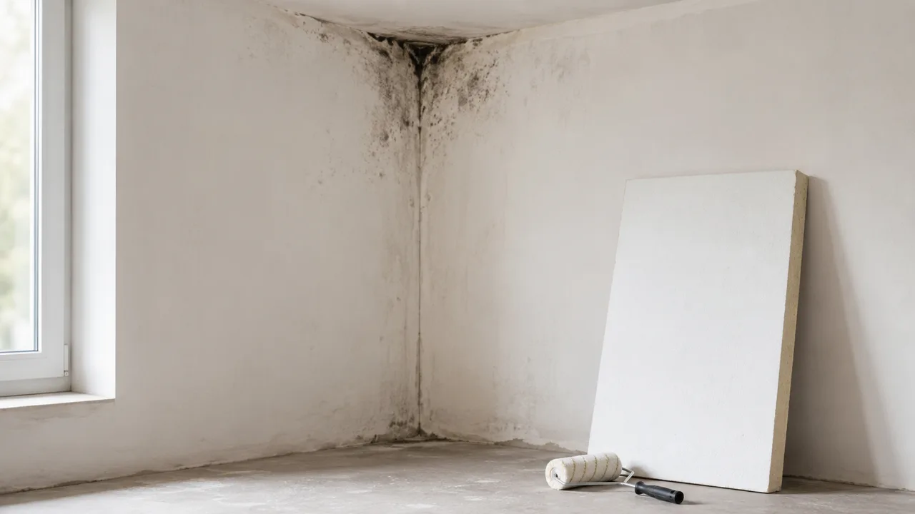 Taches de moisissure dans l'angle d'un mur froid mal ventilé, plaque de doublage isolant et rouleau posés au sol, pièce vide