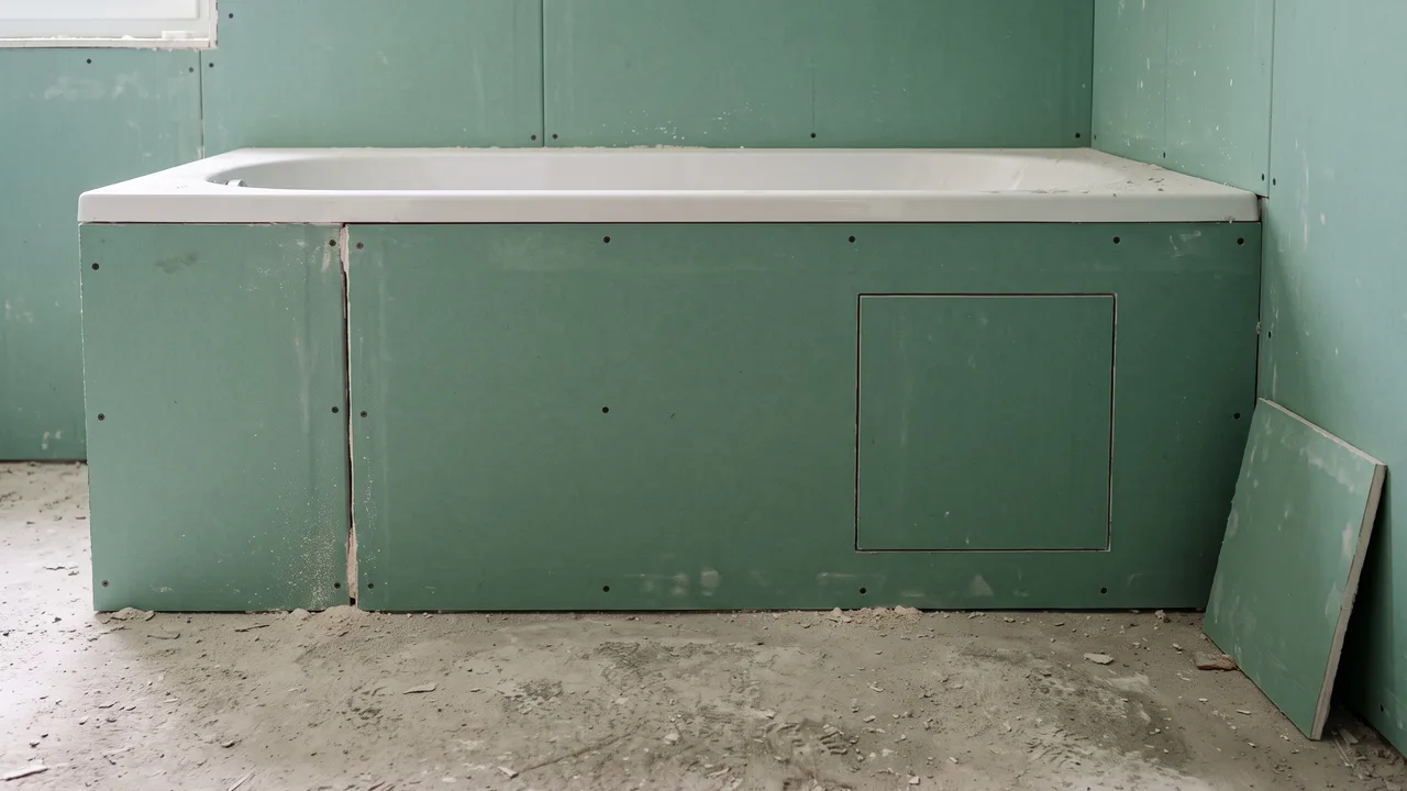 Coffrage vertical en plaques de plâtre hydrofuges fermant le tablier d'une baignoire, avec une trappe de visite carrée découpée sur la droite et les têtes de vis alignées, dans une pièce en travaux au sol poussiéreux