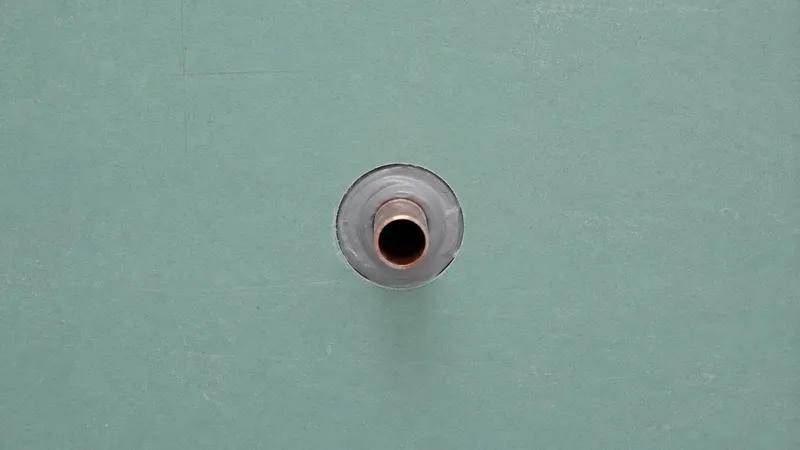 Traversée d'une plaque de plâtre hydrofuge par un tube de cuivre, avec un anneau de mastic continu — chantier de pièce humide Isorenov64