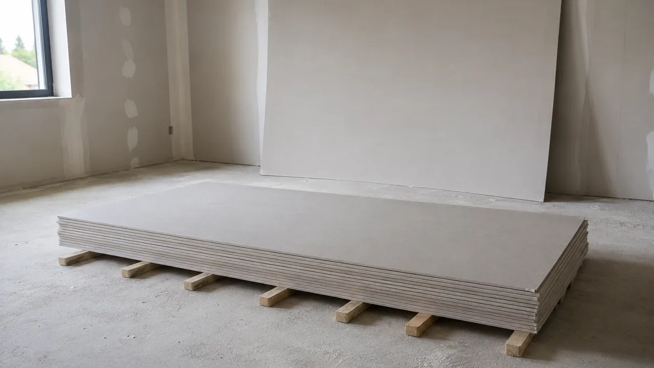 Pile de plaques de plâtre stockée bien à plat dans une pièce vide, posée sur sept tasseaux de bois rapprochés et régulièrement espacés qui la surélèvent du sol en béton