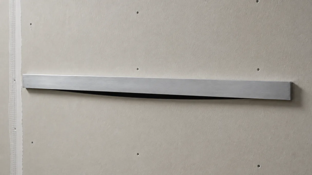 Règle de maçon en aluminium posée horizontalement à plat contre un mur en plaques de plâtre non peintes : elle touche le mur à ses deux extrémités et s'en écarte au milieu, où un vide sombre en forme de fuseau révèle le creux de la paroi