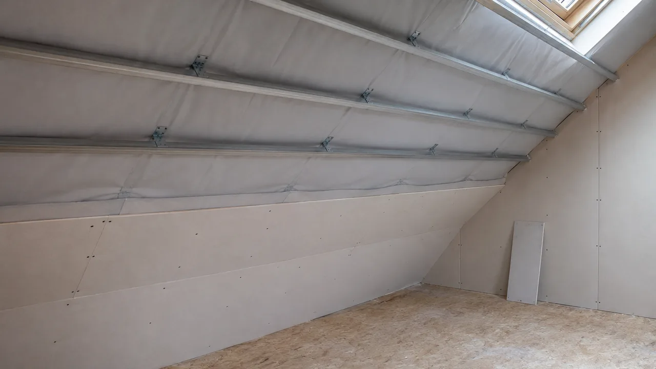 Profilés métalliques de plafond maintenus à distance des pièces de charpente en bois par des équerres vissées, chaque équerre formant le point de contact entre l'acier et le bois